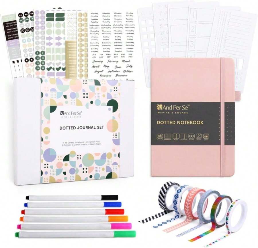 &Amp;And Per Se Bullet Dotted Journal Notebook, A5 Leather Hardcover, 176 Numbered Pages 100GSM Thick Dotted Paper, 2 Sheets Of Stencils Included - 57'' X 8'' (Cyan) - ColorH - 查看 1