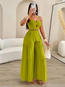 AIJ 2 piezas Conjunto elegante de top de tirantes retorcido y pantalones anchos plisados para mujer, ideal para vacaciones de verano - verde - Ver 5