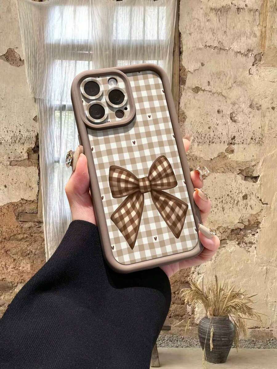 1pc Retro Plaid Pattern Thick Shockproof TPU Protective Phone Case, Minimalist Design Compatible With IPhone 17/16/15/14/13/12, OPPO, Vivo, Redmi, Series - Brown - View 1