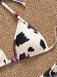 Women's Elegant Halter Bikini Set, Abstract Cow Print, Side Tie Swim Bottoms, Beach Party Swimwear - Multicolor - View 3