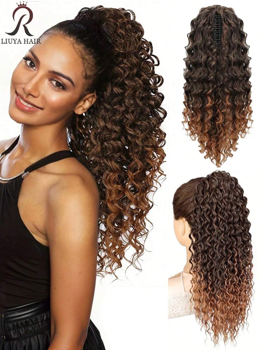 24 Inch Deep Brown Deep Wave Clip-In Ponytail Hair Extension - Heat Resistant Synthetic Fiber, Natural Curly Hair Styling Accessory, Suitable For Women's Daily Use, Daily Hairstyle Styling Accessory, Voluminous Curly Heat Resistant Fiber Wig