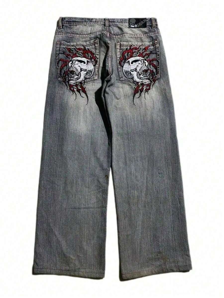 Men's American-Style Street Retro Skull Embroidered Loose Jeans For Hip-Hop And Streetwear, Distressed Wide-Leg Long Pants - black gray(灰黑色) - 查看 1