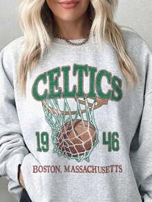 [Sporty Sweatshirt]Boston Basketball Vintage Shirt, Celtics 90s Basketball Graphic Tee, Retro For Women And Men Basketb - 灰色 - 查看 1