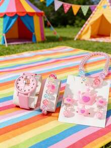6pcs/Set Cute Cartoon Children's Quartz Watch Set - Pink Watch + Necklace Bracelet Ring Earrings, Princess Style Birthday Gift, Year-End Promotion, Holiday Gift, Birthday Present - Pink - View 5