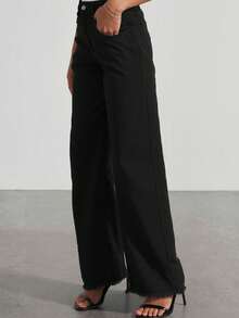 Women's High Waist Frayed Hem Wide Leg Jeans, Black Wash Denim Y2K Pants - 黑色 - 查看 2