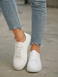 Women's Classic White Sneakers, Low-Top Lace-Up Flat Shoes, Simple & Comfortable Design, Suitable For Teenagers - White - View 2