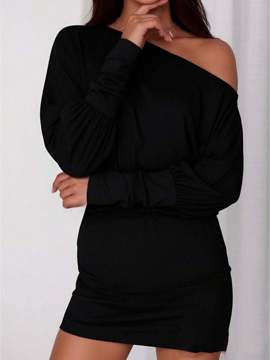 Womens Off One Shoulder Dress Slim Solid Color Long Sleeve Mini Dress For Party Club - Black - View 1