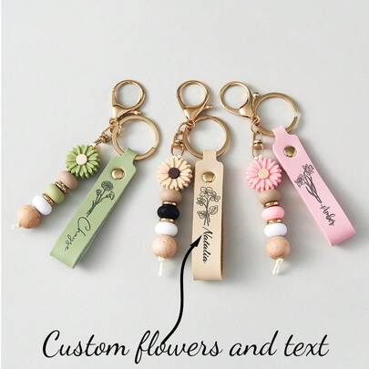 Customized Handmade Daisy Beaded Keychain, Can Customize Name, Cute Bag Charm, Back To School Or Friendship Gift, Unique Gift For Lover, Or New Year Gift For Kids