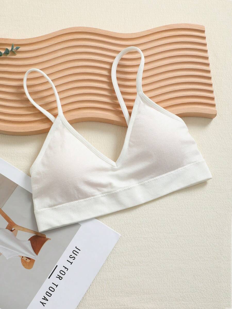 Sujetador inalámbrico y sexy con escote en V y espalda descubierta para mujer, con relleno extraíble, de punto acanalado, cómodo y versátil para uso diario - Blanco - Ver 1