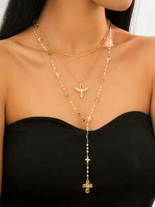 1 Set Vintage Women's Cross & Pearl Necklace, Ankh Cross, Hollow Heart Cross, Faux Pearl Clover Y-Necklace, Unique Design Women's Long Necklace, Valentine's Day Gift, Gift For Christian Women, Suitable For Daily Commute, Gathering With Friends, Fashion Photoshoot, Party Decoration, Holiday Decoration, Charming Jewelry Gift - Gold - View 1