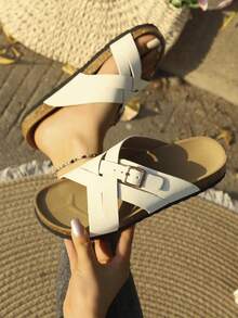 女士新款软木底交叉绑带搭扣休闲拖鞋，复古简约户外休闲百搭露趾室内/户外人字拖，舒适时尚通勤日常凉鞋 - 白色 - 查看 1