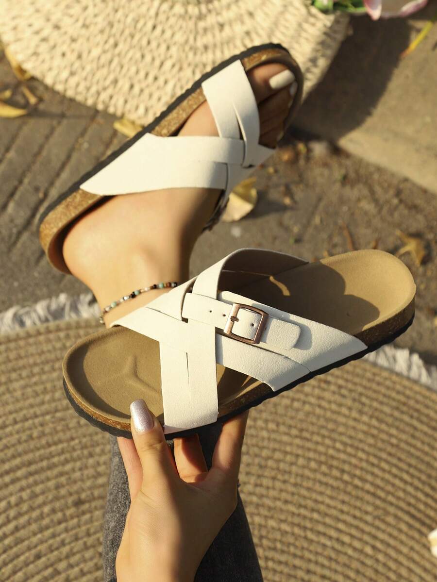 女士新款软木底交叉绑带搭扣休闲拖鞋，复古简约户外休闲百搭露趾室内/户外人字拖，舒适时尚通勤日常凉鞋 - 白色 - 查看 1