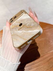 1pc Customized Name, Gold Marble Texture Apple Design Luxury Fashion Large Window Tempered Glass With Lens Protection Matte Finish Phone Case Compatible With IPhone 17/17Pro/17ProMax/17Air/16/16Pro/16ProMax/16Plus/15/15Plus/15Pro/15ProMax/14/14Plus/14Pro/14ProMax/13/13Pro/13ProMax/12/11 Phone Accessories, Full Coverage High-End Protective Cover - Gold - View 8