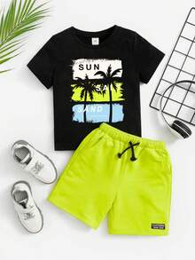 2pcs/Set Young Boy Coconut Tree Print T-Shirt And Drawstring Waist Shorts Casual Outfit - Black - View 1