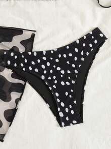 Women's Polka Dot Camisole Bikini Top, Paired With Matching Abstract Print Sheer Wrap Skirt Beach Outfit Set Vacation - Black and White - View 4