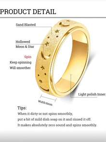 Personalized Custom Rotating Ring For Men And Women, Silvery Gold Black Can Choose Stainless Steel Ring 6mm Wide Customized Engraved Name Couple Ring Engagement Wedding Gift Decompression Relieve Anxiety Hand Jewelry For Husband Wife - Golden Star and Moon - View 11