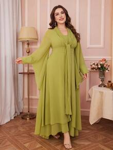 大码女式纯色垂坠领、褶皱领工艺、不对称下摆优雅长袖连衣裙，胸部褶皱、腰部收褶、高腰、柔软、不对称袖子设计，适合各种场合：日常、节日、休闲 - 綠色 - 查看 6