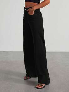 Women's High Waist Frayed Hem Wide Leg Jeans, Black Wash Denim Y2K Pants - 黑色 - 查看 5