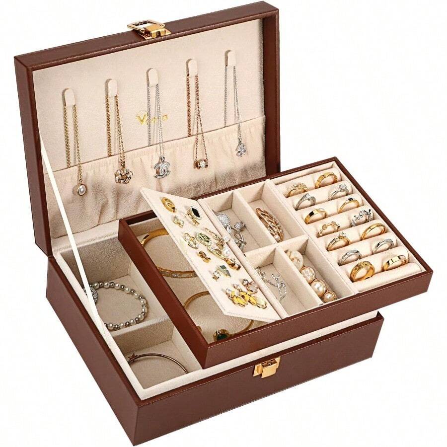 Jewelry Box Organizer For Women Girls 2 Layer Large Men Jewelry Storage Case PU Leather Display Jewellery Holder With Removable Tray For Necklace Earrings Rings Bracelets Caramel Brown - CaramelBrown - View 1