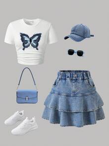 Teen Girl Butterfly Print Short Sleeve Top And Denim Skirt Set - White - View 1