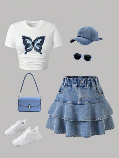 Teen Girl Butterfly Print Short Sleeve Top And Denim Skirt Set