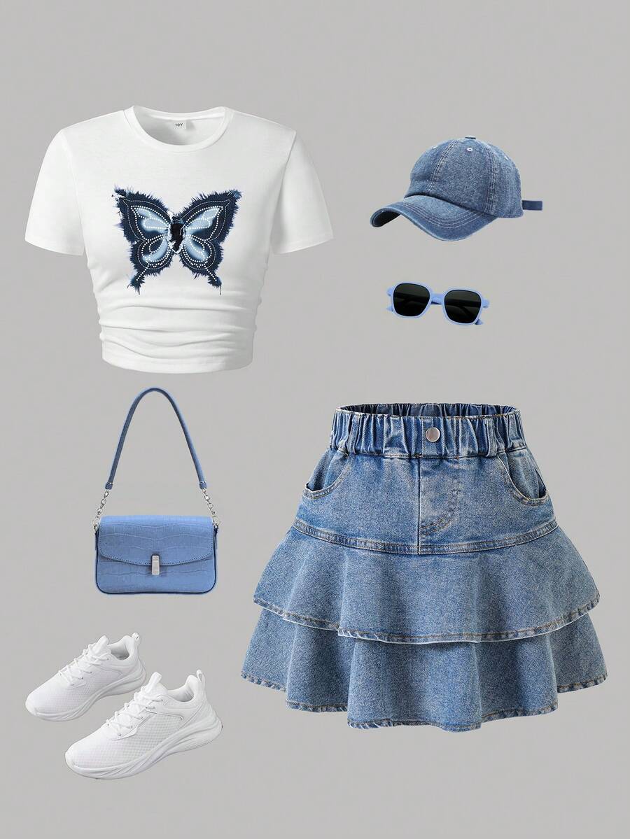 Teen Girl Butterfly Print Short Sleeve Top And Denim Skirt Set - White - View 1