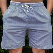 Men's Bermuda Shorts, Thick Tactel Fabric, Striped, Drawstring, Knot Detail. - Navy Blue - View 3