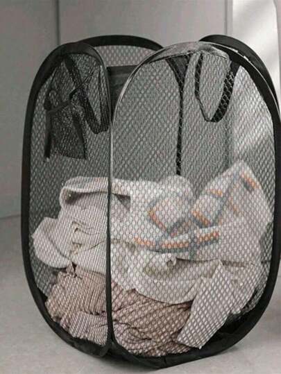 1pc Foldable Black & White Laundry Basket With Handle And Side Pockets, Large Capacity Pop-Up Mesh Laundry Hamper With Handle - Collapsible Laundry Basket For Dirty Clothes Storage, Please Check Size Tag Before Purchase.