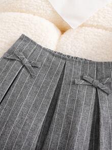 2pcs/Set Girls' Summer Collegiate Style Solid Color Cardigan Camisole V-Neck Sleeveless Vest Top + Gray Striped Simple Bow Pleated Skirt, Children Casual Outfit For Daily Wear, Outdoor, Vacation - Grey - View 7