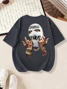 1 pieza Camiseta con estampado de eslogan y máscara, estilo casual para adolescentes, conjunto popular de primavera/verano para la escuela - Gris Oscuro - Ver 3