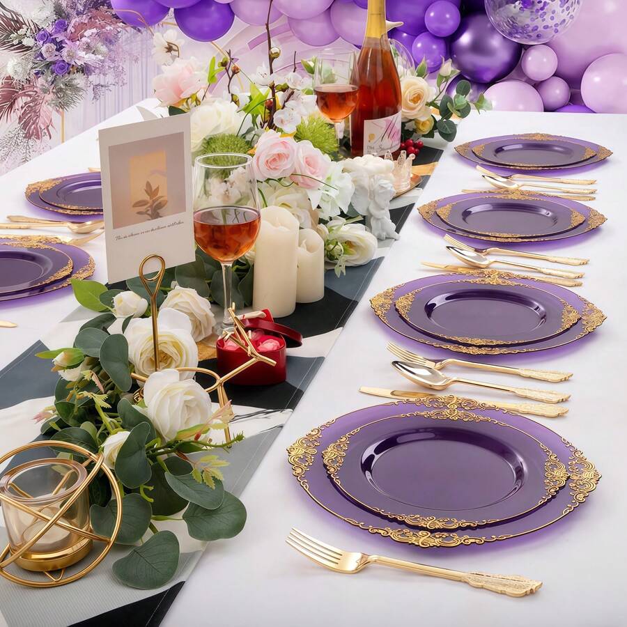 50-Piece Purple And Gold Rimmed Patterned Plastic Tableware Set – Disposable Cutlery Including 10 Pieces Of 10.25-Inch Dinner Plates, 10 Pieces Of 7.5-Inch Dessert Plates, 10 Dinner Knives, 10 Dinner Forks And 10 Dinner Spoons, Ideal For Parties, Weddings, Valentine's Day, New Year And Other Occasions - 紫色 - 查看 1