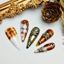 10pcs Handmade Y2K Baddie Style Press On Nails, Amber, Gold, Creamy White Color With French Tips,  Asymmetrical Liquid Metal Patterns, Bead Accents, Unique Tortoiseshell And Spotted Patterns, Creating A Festive Atmosphere Suitable For Holidays, Weddings, And Other Occasions. Comes With Tool Kit, Great Gift For Ladies - 紅白色 - 查看 4