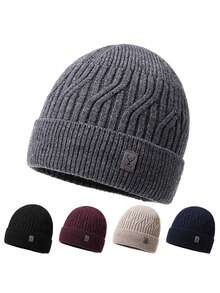 1 Middle-Aged And Elderly Deer Logo Knitted Hat For Winter Cycling, Warm And Windproof Skiing Hat, Korean Version Simple And Casual Ear Protection Head Cover Hat - Multicolor - View 1