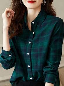 1 Áo sơ mi kẻ caro bằng polyester cài nút phía trước dành cho nữ, thích hợp cho các buổi hẹn hò, ngày lễ, mặc hàng ngày, mùa xuân/hè/thu - Màu xanh lá cây đậm - Xem 3
