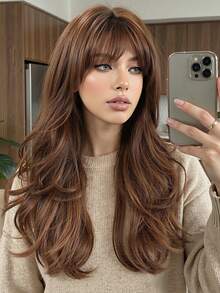 22英寸咖啡棕色卷发蝴蝶造型假发，适合各种场合、所有季节，采用合成纤维制成，专为女性/女孩设计，非常适合返校季、音乐节、母亲节礼物。 - 咖啡棕 - 查看 1