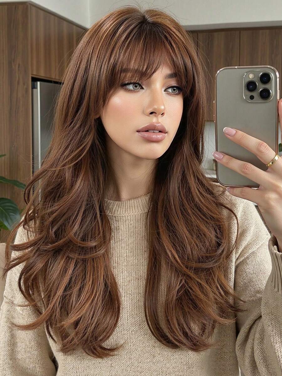 22英寸咖啡棕色卷发蝴蝶造型假发，适合各种场合、所有季节，采用合成纤维制成，专为女性/女孩设计，非常适合返校季、音乐节、母亲节礼物。 - 咖啡棕 - 查看 1