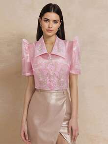 1. Blusa moderna inspirada en Filipinas, Blusa con mangas de mariposa inspirada en Filipinas, Blusa con aplicación de encaje bordado floral, Blusa elegante de mujer con bordado floral y manga abullonada, Chaqueta corta inspirada en Filipinas para mujer, Blusa rosa de moda - Rosa - Ver 4