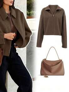 Old Money Style Spring Outfits For Women ,Valentine's Day,Commuting Clothes,Solid Color Long Sleeve Zipper Light Coat | Elegant Lapel Long Sleeve Short Coat For Spring | For Office/Daily Wear,Chic,Tops - Coffee Brown - View 6