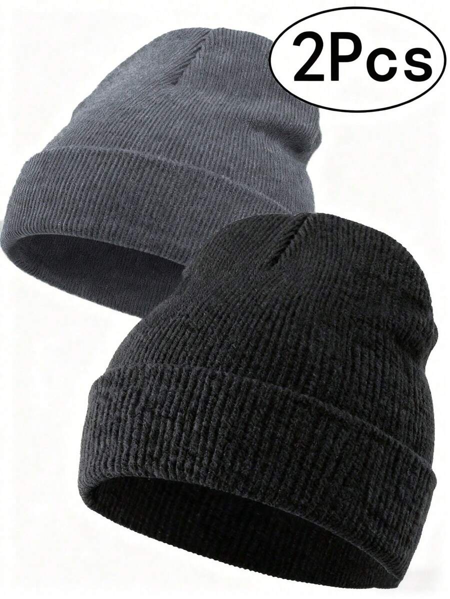 2pcs Unisex Warm Winter Beanie Hats, Knitted Cuffed Brimless Caps, Thick Knitted Brimless Hats For Men & Women - A - View 1