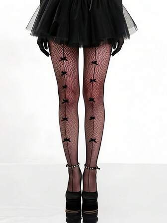 Women's Bow Fishnet Tights, Delicate & Edgy Layered Legwear For A Playfully Bold Statement