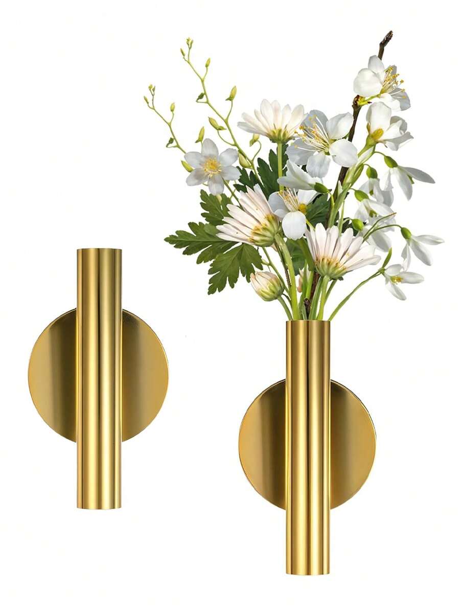 1pc Gold Wall Mounted Flower Tube, Adhesive Wall Hanging Floral Holder, Minimalist Open Tube Design For Home Office Living Room Bedroom Flowers Display. - Gold - View 1