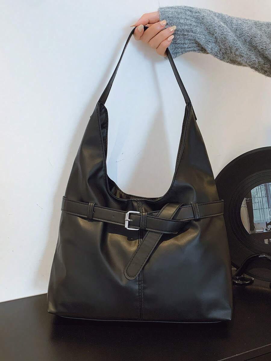 2025 Fashion Matte Solid Color Punk Rivet Commuter Tote Bag, Minimalist Niche Underarm Bag, Stylish Large Capacity Shoulder Bag - Black - View 1