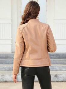 Giolshon Women Faux Leather Motorcycle Jacket - Asymmetric Zipper, Stand Collar, Suitable For Urban Streetwear And Commuting Style, Spring - Khaki - View 2