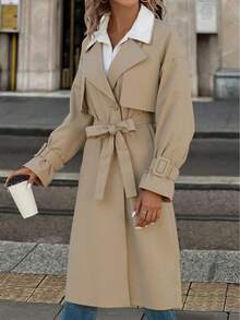 Women's Minimalist Long Windbreaker, Suitable For Spring And Autumn, With Belt And Pockets, Versatile For Various Occasions - Beige - View 4