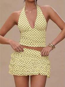 Women Two Piece Skirts Set Halter Neck Sleeveless Backless Tank Crop Top+ Ruffle Tiered Mini Skirts Outfits Clubwear - Màu vàng - Xem 1