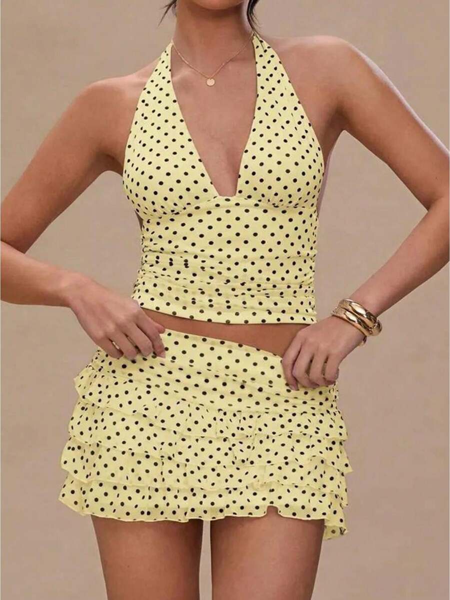Women Two Piece Skirts Set Halter Neck Sleeveless Backless Tank Crop Top+ Ruffle Tiered Mini Skirts Outfits Clubwear - Màu vàng - Xem 1