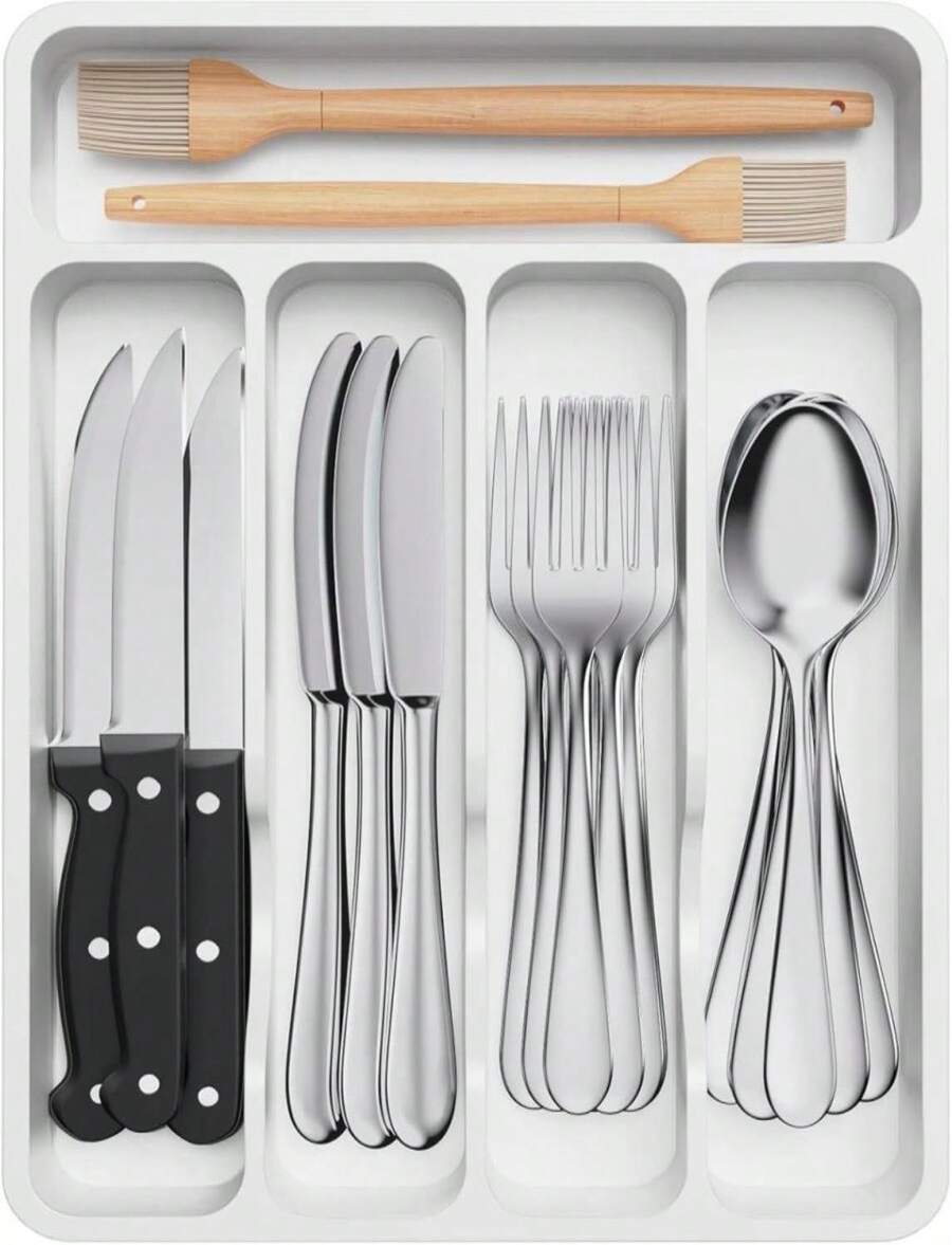 Lifewit Silverware Drawer Organizer Tray, Plastic Cutlery Storage For Kitchen Drawer, Flatware And Utensil Holder Divider For Spoons Forks Knives Tableware, 5 Compartment, Black - Màu B - Xem 1