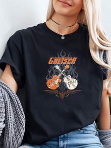 Gretsch Guitar Flame Design Print T-Shirt Casual Wear For Music Lovers And Rock Enthusiasts Unisex Fashion Statement 220g - màu đen - Xem 1