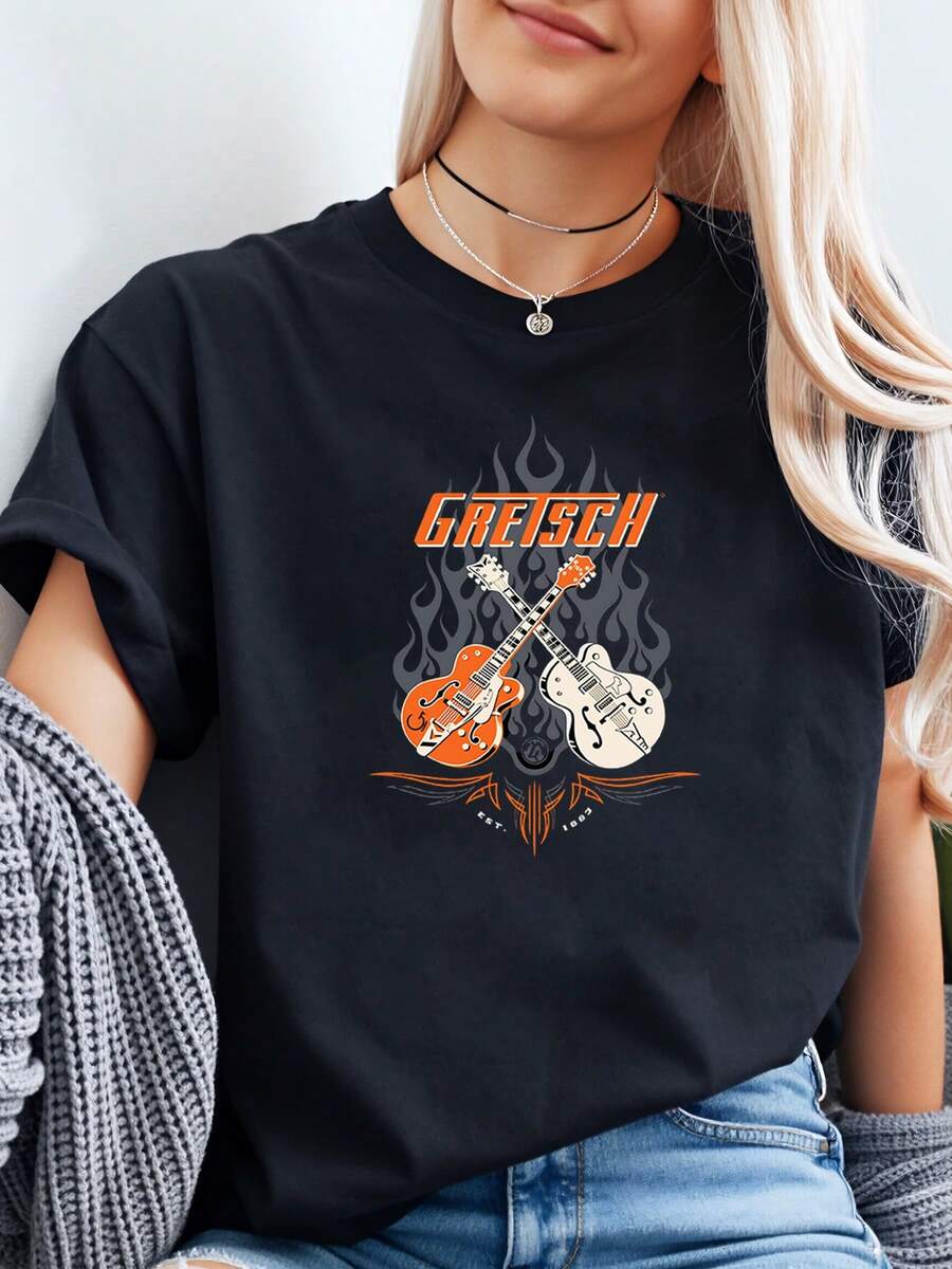 Gretsch Guitar Flame Design Print T-Shirt Casual Wear For Music Lovers And Rock Enthusiasts Unisex Fashion Statement 220g - màu đen - Xem 1