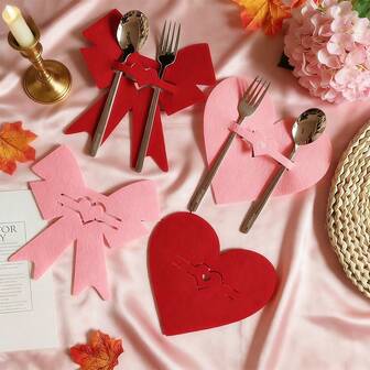 24pcs Valentine's Day Red Heart Felt Cutlery Holder, Cutlery Bag, Cutlery Cover, Silverware Holder Pocket, Dinner Knife And Fork Cover, Birthday, Mother's Day, Party Table Setting Decor